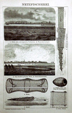 1897 ANTICA STAMPA LITOGRAFIC:PESCA CON RETE.STRASCICO.VARIE TIPOLOGIE Brockhaus