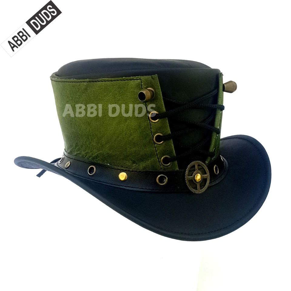 Sombrero de copa steampunk gótico estilo corsé de cuero artesanal negro y rojo Foto 2 de 4