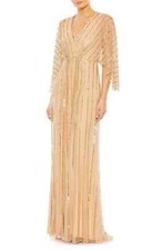 Mac Duggal Taupe Beaded Stripe Mesh A-Line Gown Size 18 $598