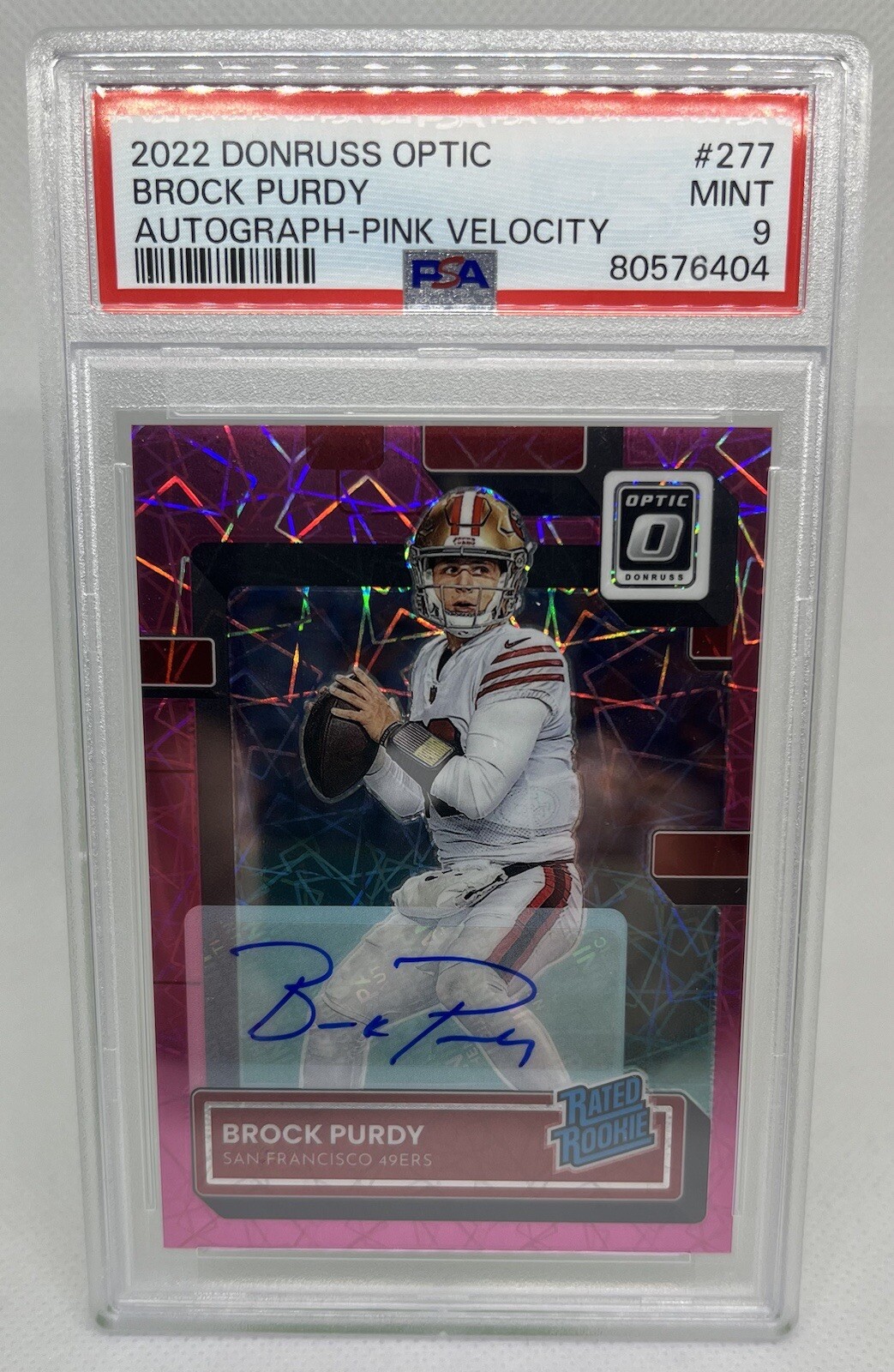2022 Donruss Optic Brock Purdy Auto /50 Pink Velocity RC SSP Auto 49ers Psa 9