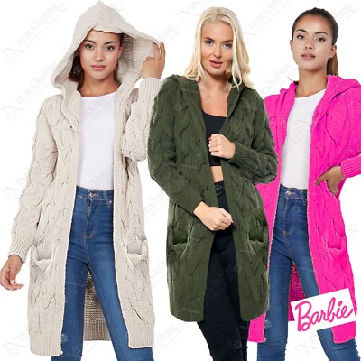 NEW LADIES POCKETS HOODED CARDIGAN CHUNKY CABLE-KNIT BRAIDED WOMENS CARDI  JACKET UK