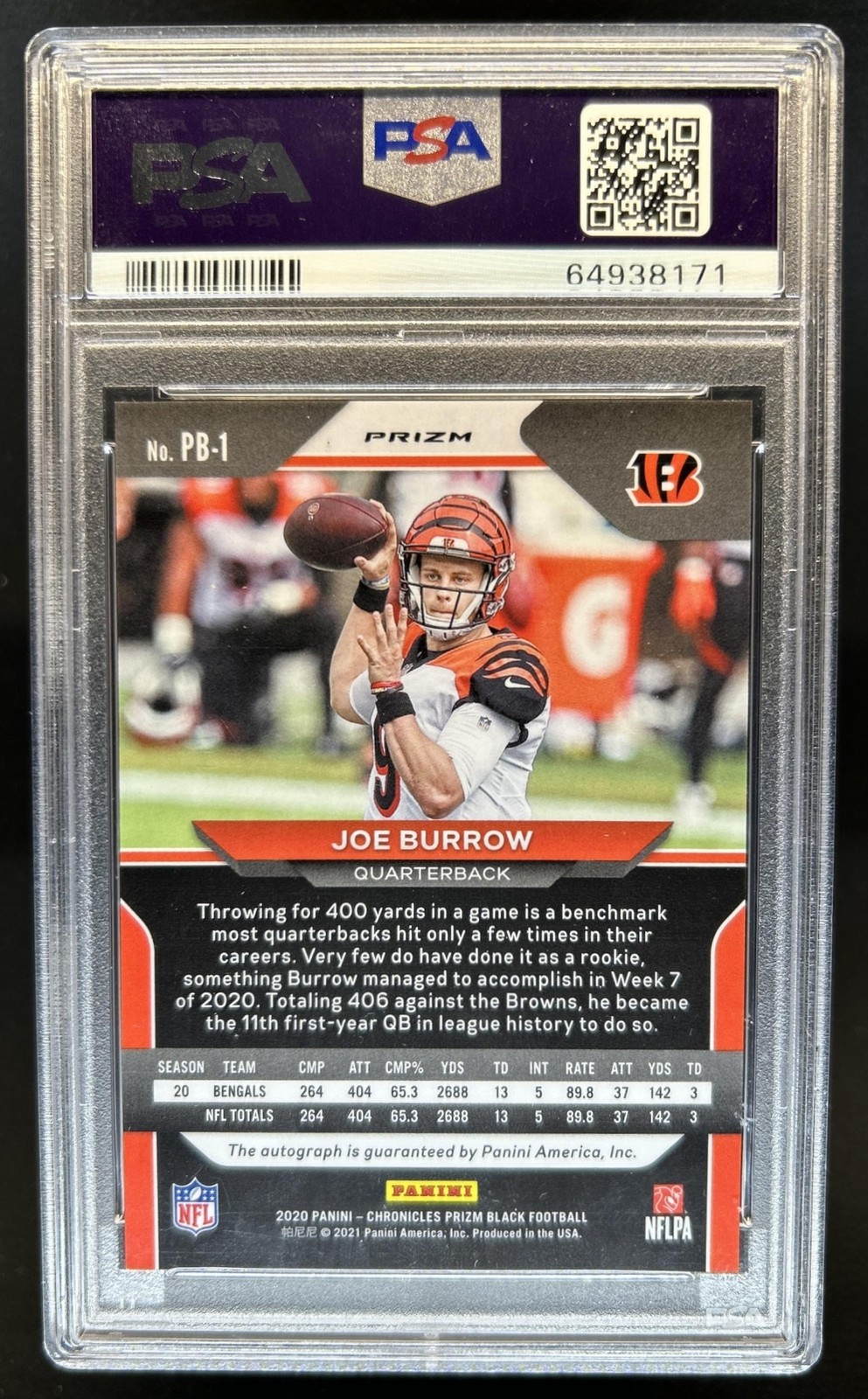 2020 Chronicles Joe Burrow Prizm Black Signatures RC Auto #PB-1 Bengals PSA 10 view 2