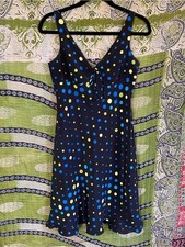 Vintage Y2K Express Black/ Cyan/ Yellow Polka Dot Print Swing Midi Dress 1/2
