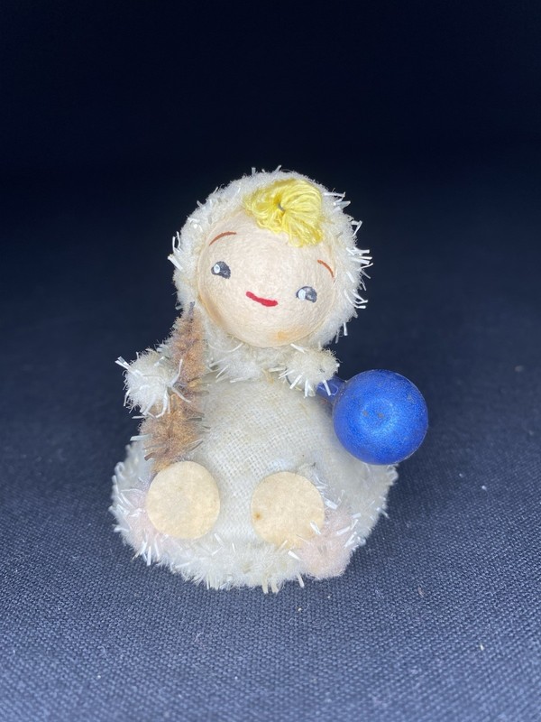 Rare Vintage Chenille Pipecleaner Fabric Pixie Elf Girl With Ornament And Tree
