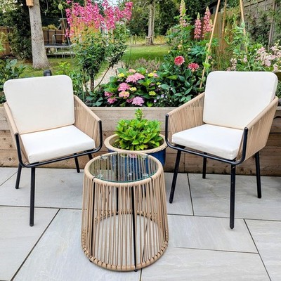 Yaheetech Tan Cream3 PcsOutdoor Wicker Furniture SetwithGlass Table and 2 Chairs