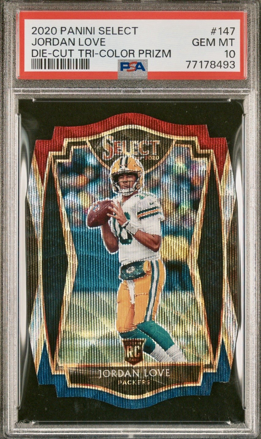 2020 Select Premier Level Jordan Love Rookie Die-Cut Tri-Color Prizm PSA 10