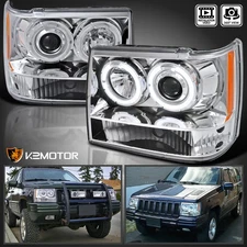 Fits 1993-1996 Jeep Grand Cherokee LED Halo Projector Headlights Lamp Left+Right
