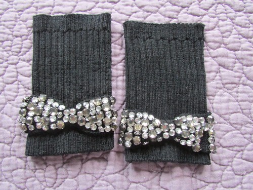 Juicy Couture Hand Warmers Gloves Crystal Bows Fingerless Knit Black Vintage Nwd