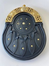 Scottish Black Fur Full Dress Sporran with Gold Cantle Handmade Leather Back