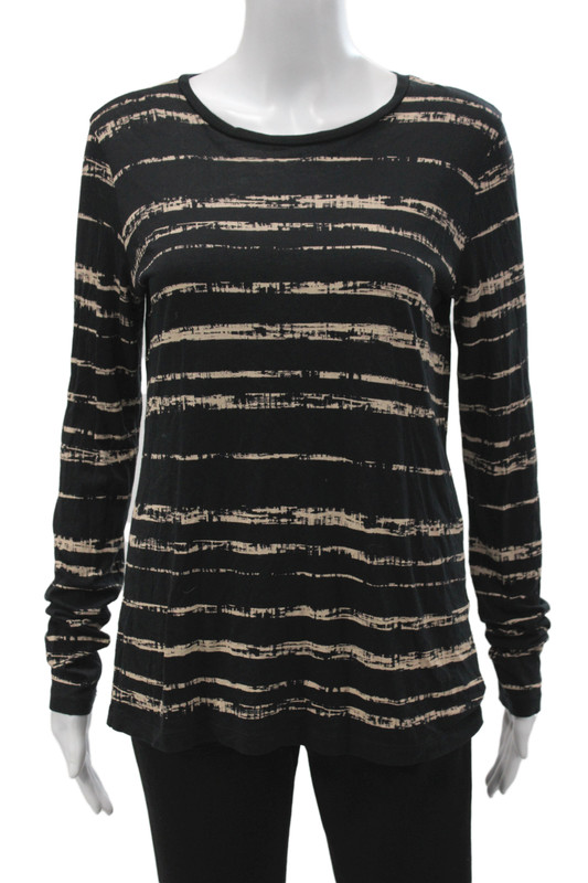 Vince Women Striped Cotton Crew Neck Long Sleeve T-Shirt Black Size S