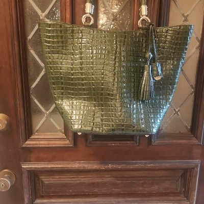 Brahmin Large Green Crocodile Embossed Tote Double Handles Stitching