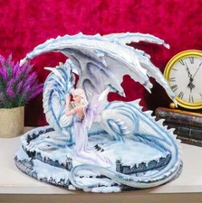Ebros Large 15" Long Winter Blizzard Fairy with Giant White Dragon Statue