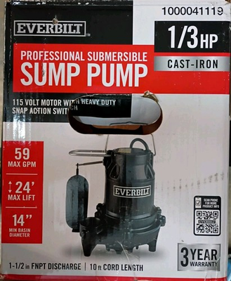 #ad Everbilt S02160925 1 3 HP Cast Iron Submersible Sump Pump Open Box Read* $85.49