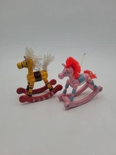 Vintage Russ Berrie & Co Wooden Christmas Rocking Horse Ornaments (Pink/Yellow)