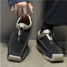 Black Beige Contrast Drawstring Loafers Men's Casual Suede Platform Shoes
