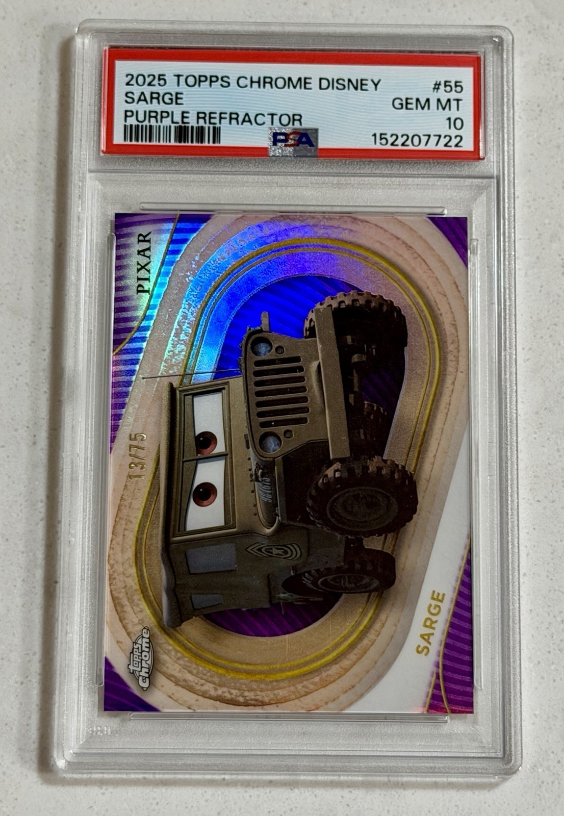 2025 Topps Chrome Disney Sarge /75 Purple Refractor PSA 10 GEM MINT! Cars!