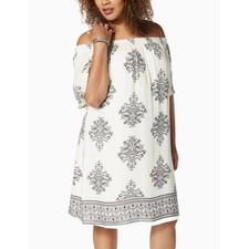Eyeshadow 2X Off Shoulder Boho Peasant Dress White Black Print Rayon Lined