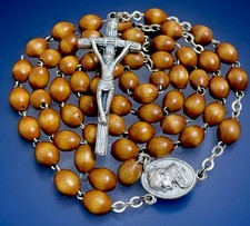2000 AD Catholic Wood Bead Rosary Silver Tone Mary Center, Crucifix Italy