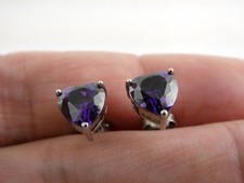 Sterling Silver Faceted Purple Heart Stud Earrings 7.6mm Length 925 2.2g