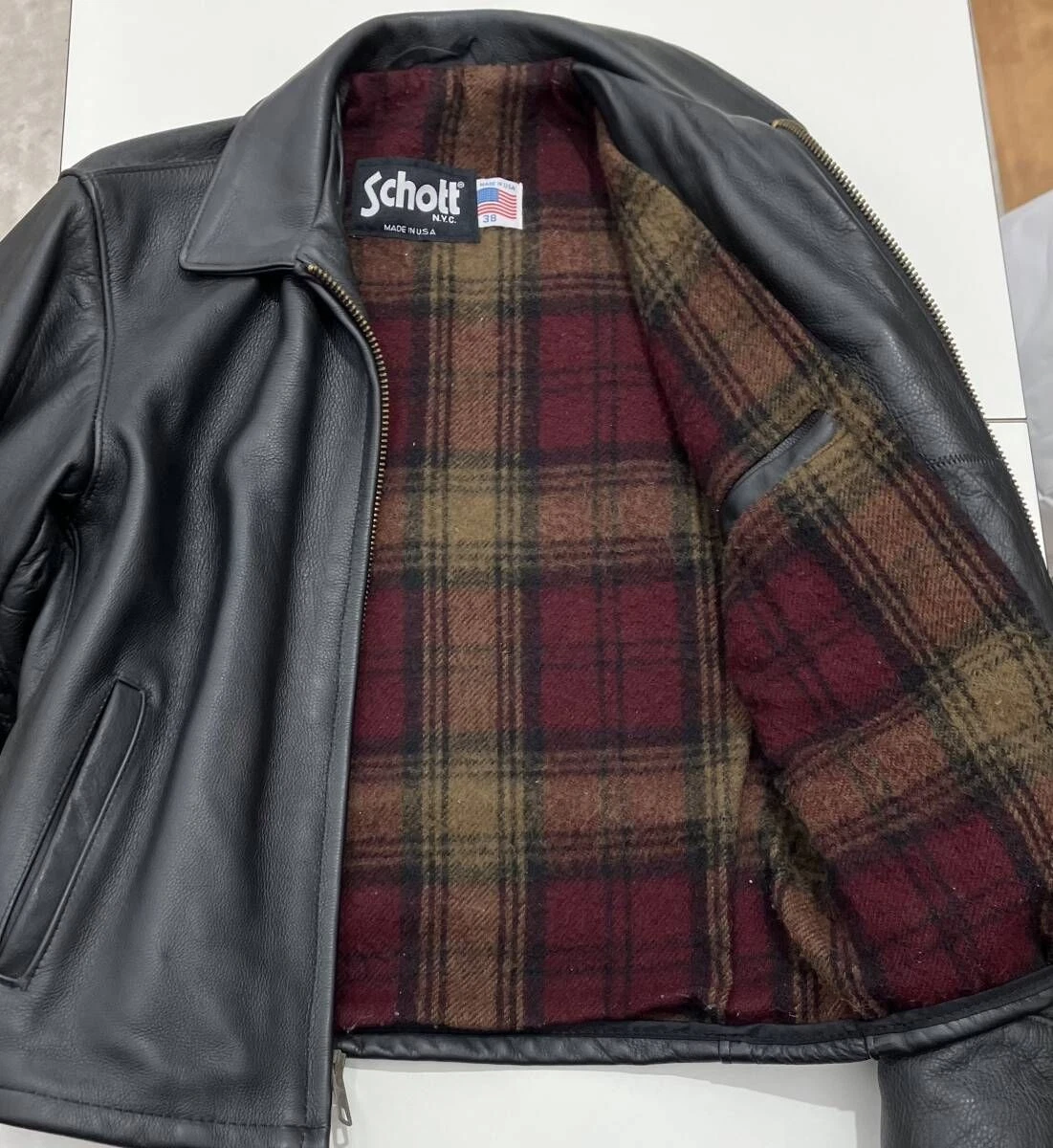 Chaqueta de Cuero SCHOTT 681 Highwayman Single Riders Hebilla de Cinturón Etiqueta Tartán 38 Hombres