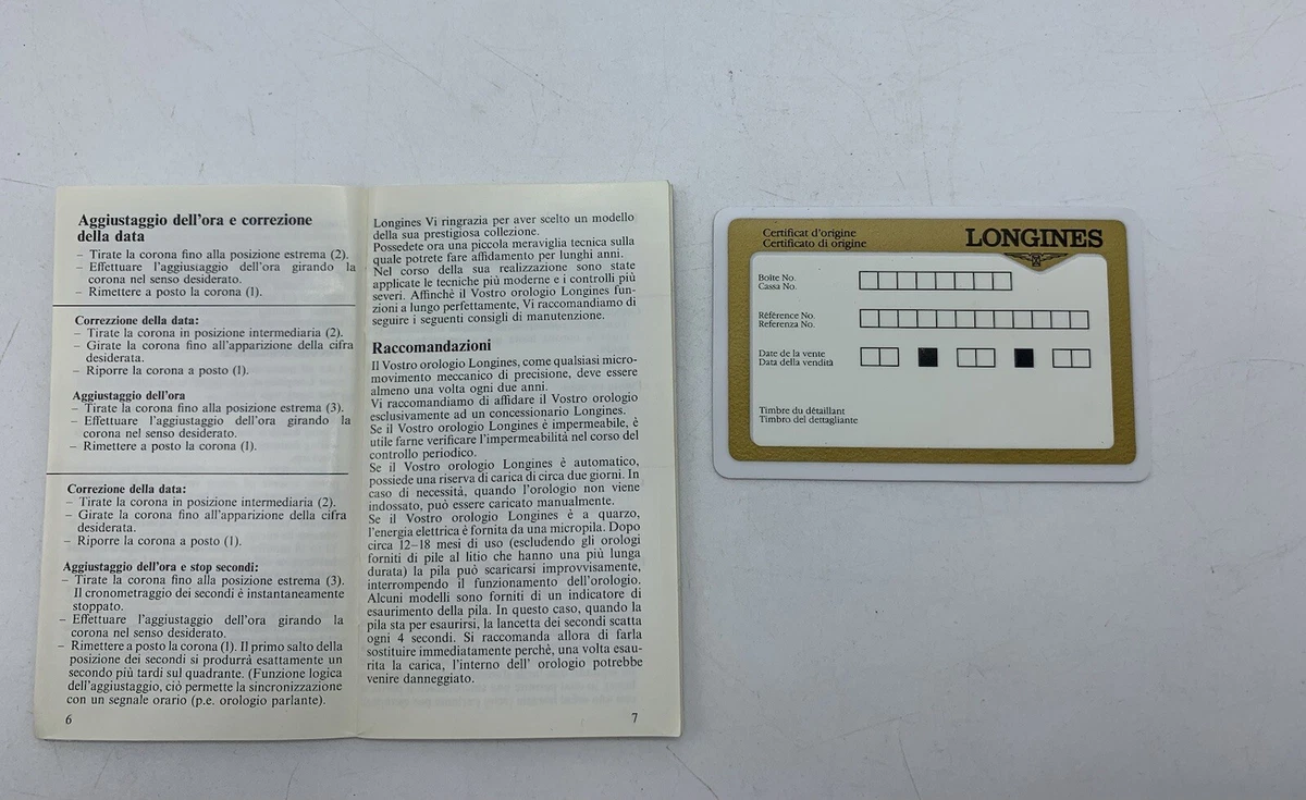 Tarjeta vintage Longines de los años 80' sin rellenar certificado de origen