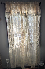 Lace Fringed Curtain Panels Set of 2 Attached Valance Ivory Boho Cottage 63"