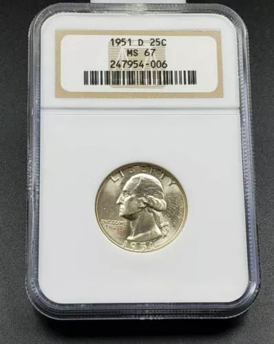 1951 D 25C Washington Quarter Coin NGC MS67 GEM BU ANA Brown Label Holder