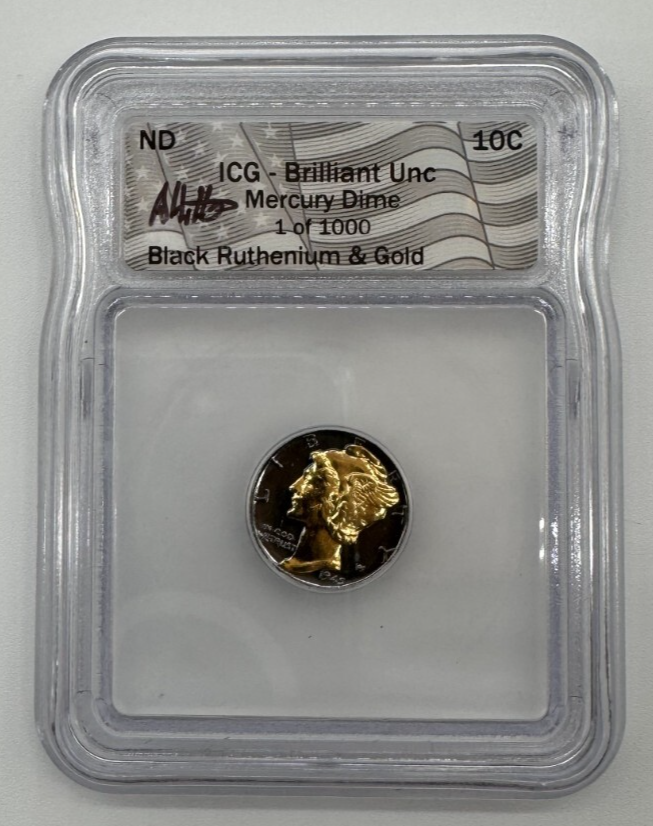 1942 Mercury Dime, Black Ruthenium & Gold, BU Hutto Signed ICG, 1
