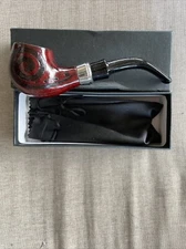MUXIANG Briar wood tobacco pipe Dark red glossy silver ring Black Used (200)
