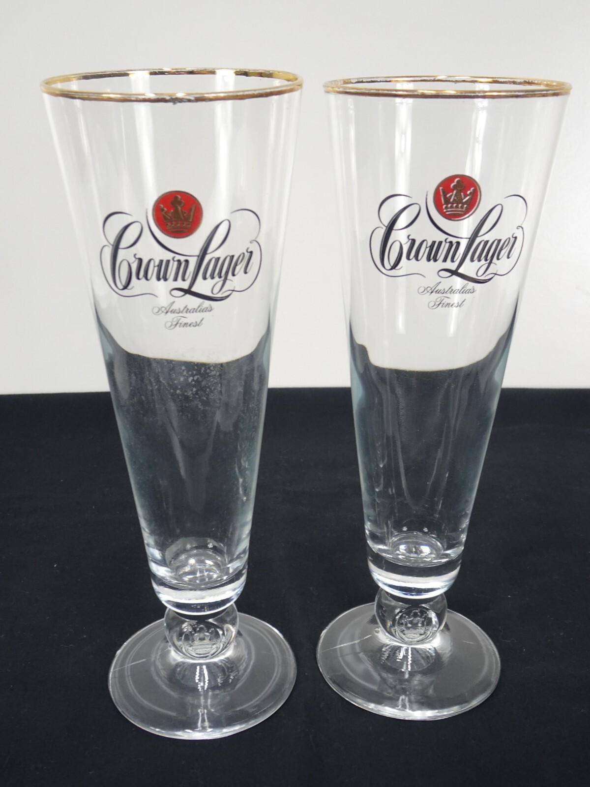 2x Crown Lager Tall Stem Beer Glasses Australia Finest Gold Rim 21cm