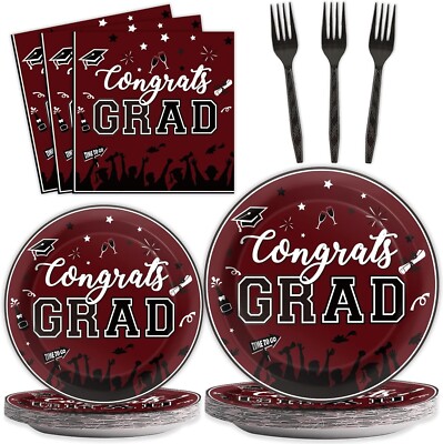 24 Graduation Party Plates Napkins Supplies, Maroon, Congrats Grad Class of 2025