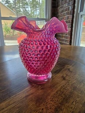 Fenton Cranberry Hobnail Vase Ruffle Top 6" tall