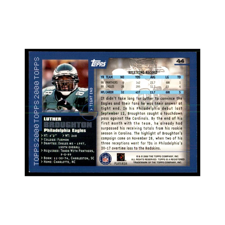 Luther Broughton 2000 Topps #44 Football Cards Football Card NM - Image 2 of 3