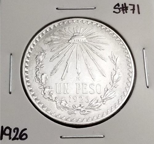 Mexico 1 Peso 1926 .720 Coin Silver, Low date, Un Peso Plata .720, Fecha Baja.