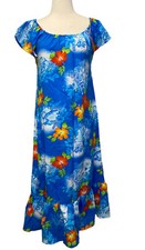 Vtg ROYAL HAWAIIAN Blue Dress 10 Hibiscus Ruffle Maxi Tropical Floral Tiki Med