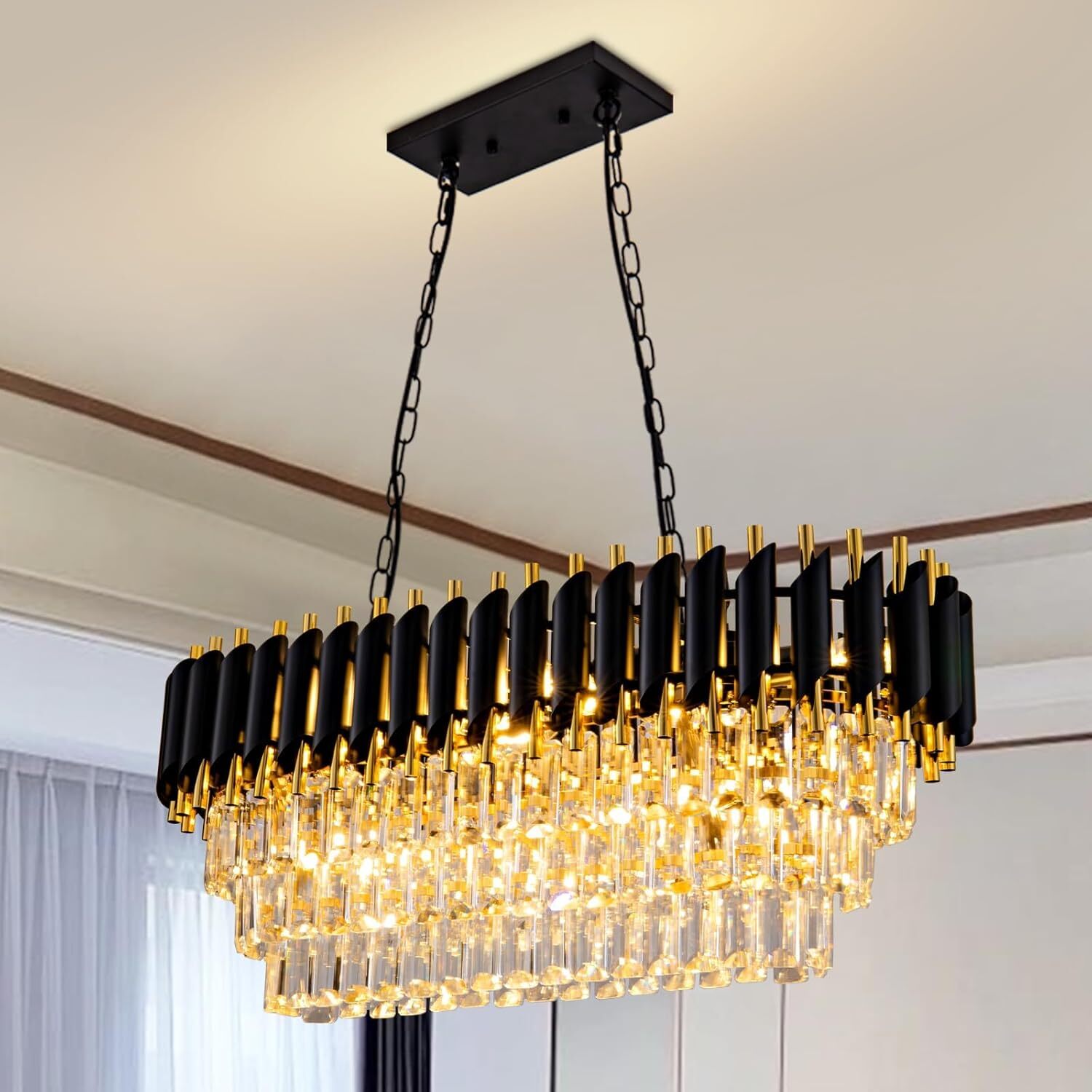 30.7 Inch Black Gold Crystal Chandelier Luxury 10-Light Ceiling Fixture