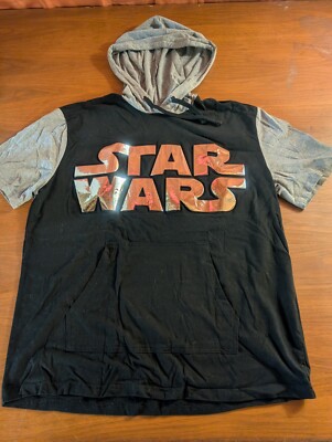 STAR WARS Disney Hooded Short Sleeve T-Shirt Mens Black Silver