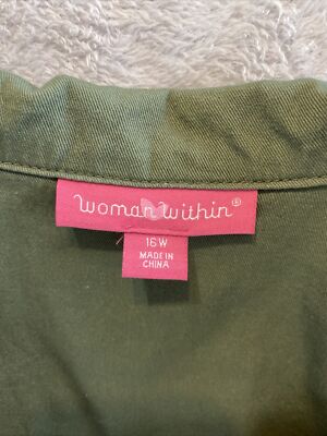 Woman Within Jacket Women's 16w Olive Green Utility Jacket Military Zip  Snaps