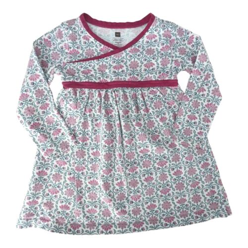 Tea Collection Girls Wrap Dress 2T Long Sleeve Fuchsia Lotus Flower Cotton Knit  - Picture 1 of 6