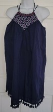 ANN TAYLOR LOFT navy Blue Cotton red Embroidered Fringe Strappy Sundress Dress S