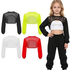 US Kids Girls Hip Hop Dance Tops Long Sleeve Mesh Crop Top Jazz Dance Blouse