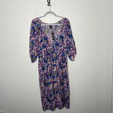 Boohoo Dress Womens 12 Pink Blue Floral Puff Sleeve Midi V Neck Fit & Flare Boho