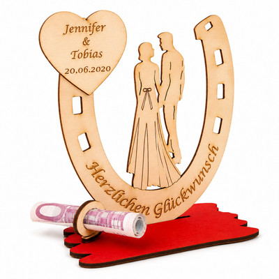 Personalisiertes Geldgeschenk Hochzeit mit Namen   Hufeisen Brautpaar Holz