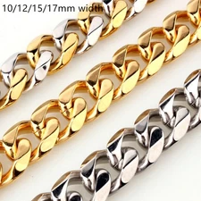 10/12/15/17mm MEN Chain Stainless Steel Link Cuban Curb Necklace Bracelet Jewelr