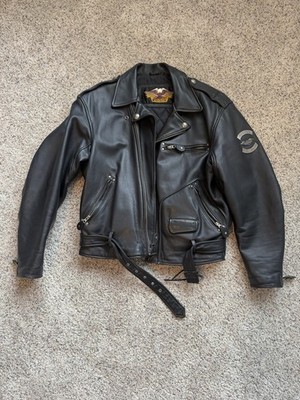 Harley-Davidson Black Leather Motorcycle Jacket Belt Eagle Patch Embossed Back