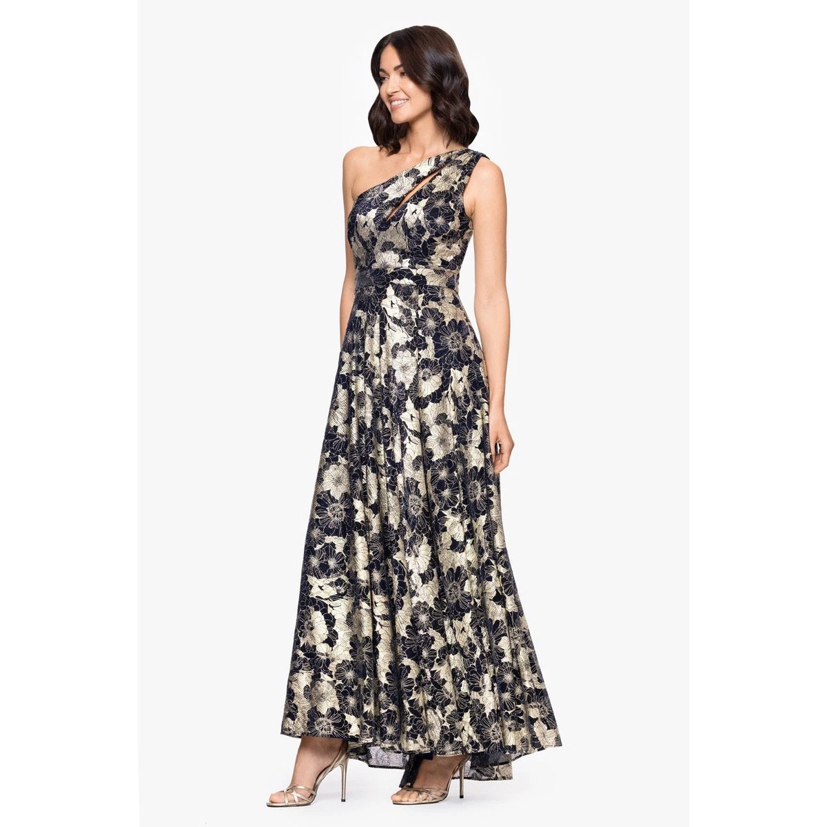 betsy and adam blue and gold dress Betsy & Adam Womens Petites Sequined Velvet Evening Dress Navy 8P