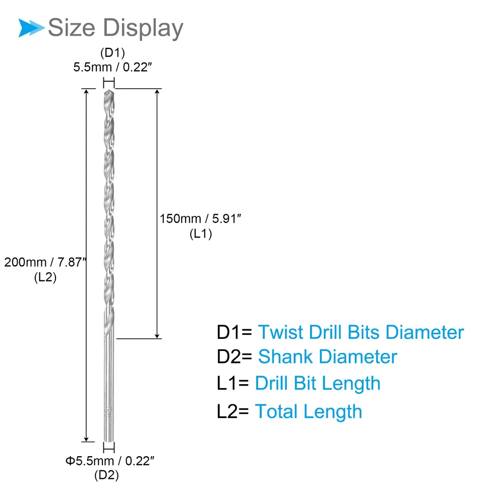 2pcs Extension High Speed Steel Straight Jobber Drill Bits 5.5mm Dia 200mm Long - Image 2 of 4