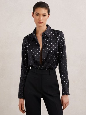 REISS Ameira Seide Satin verdecktes Shirt Top Bluse in Marine gepunktet Gr UK 10