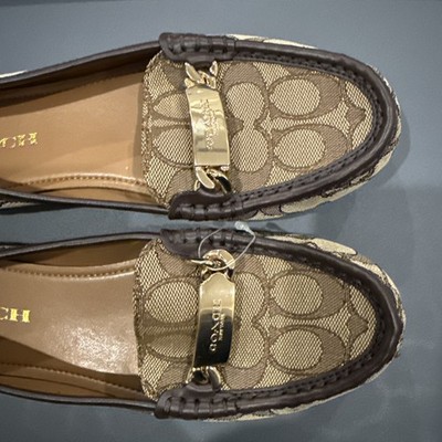 New Coach Signature Logo Jacquard Loafer Flats Brown Women's Slip