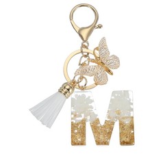 Alphabet m Tassel Butterfly Initial Letter Keychain (Gold Tone/White, Pack of 1)